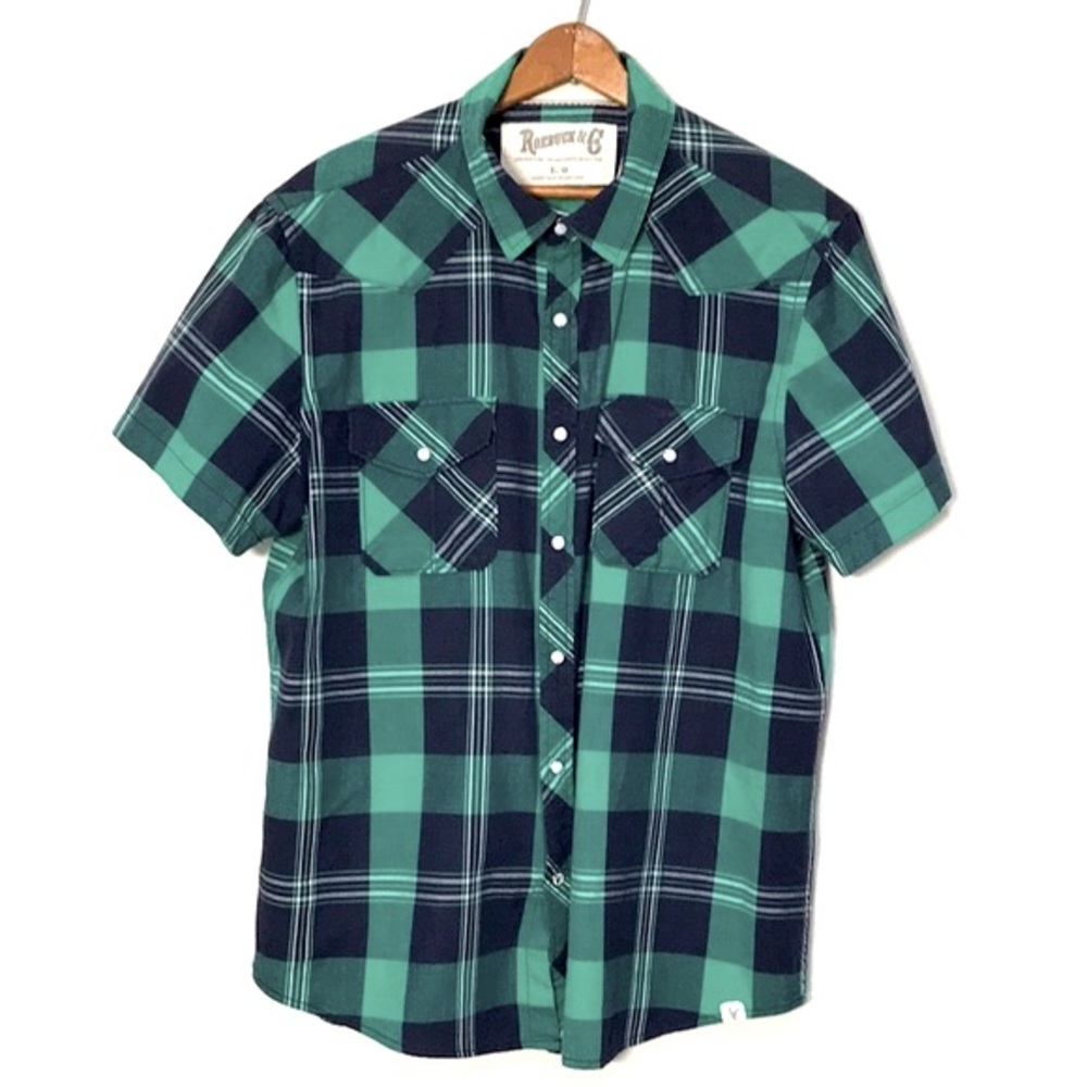 Roebuck & Co Mens Green & Blue Plaid Short Sleeve Cotton Shirt Size Large